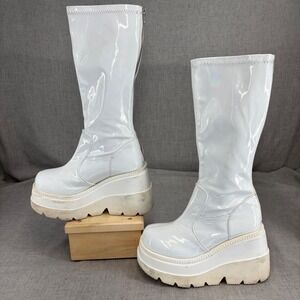 Demonia Cult Shaker 65 Boots White Hologram Faux Leather Platform Chunky Size 9